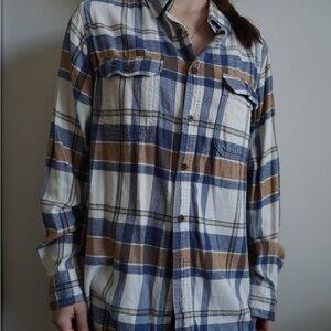 Men’s Blue, Tan & Cream Plaid Button-Up Shirt – Large (Styled Womenswear)